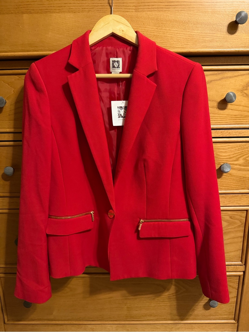 NEW Anne Klein Blazer Womens 12 Lipstick Red Gold Zip Detail Tailored Jacket